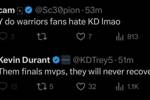 勇士球迷恨KD？杜兰特：他们永远无法从那些FMVP中恢复过来🤣